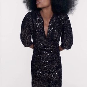 ZARA BLACK KNIT DRAPED KNEE DRESS WITH BEAD & SEQUIN DETAILS SIZE M